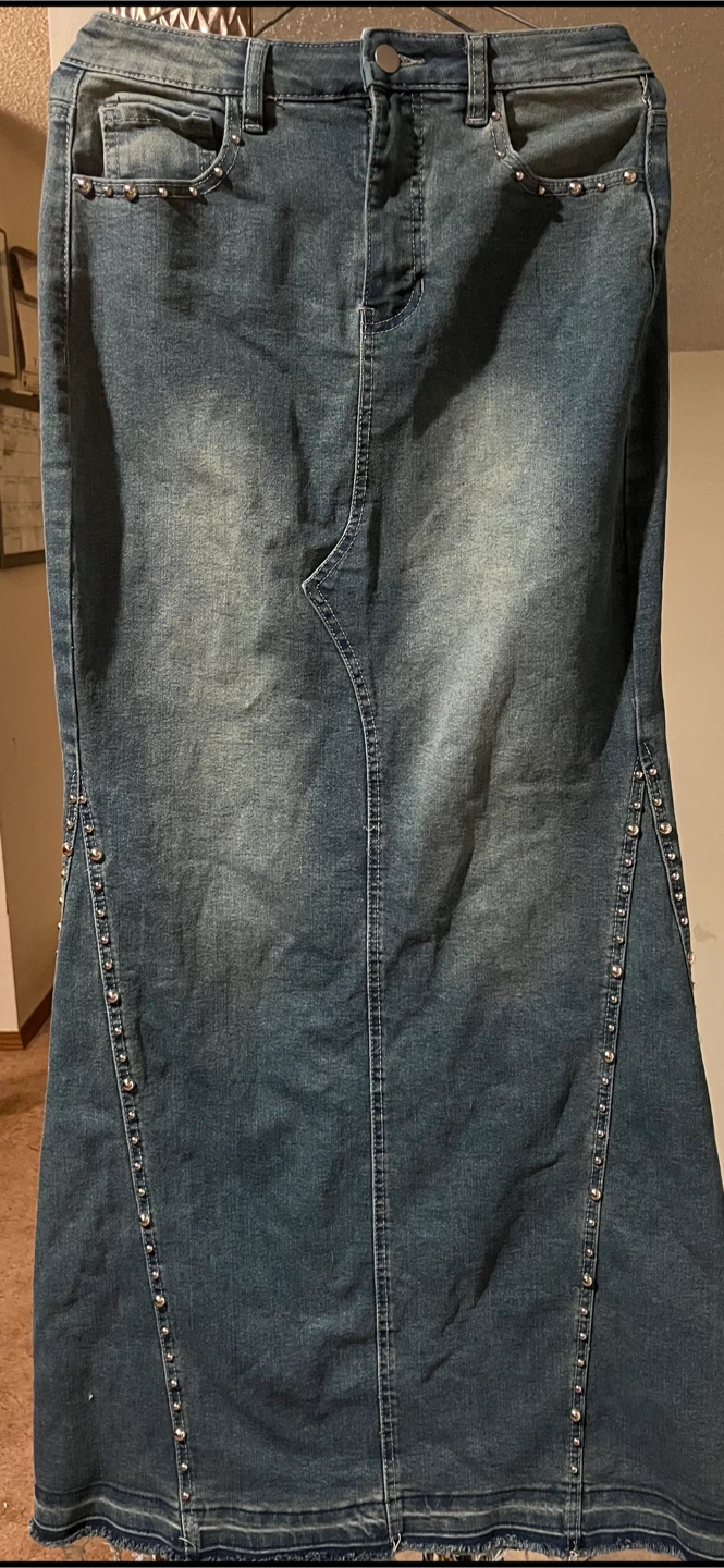 Denim Maxi Skirt with Studs
