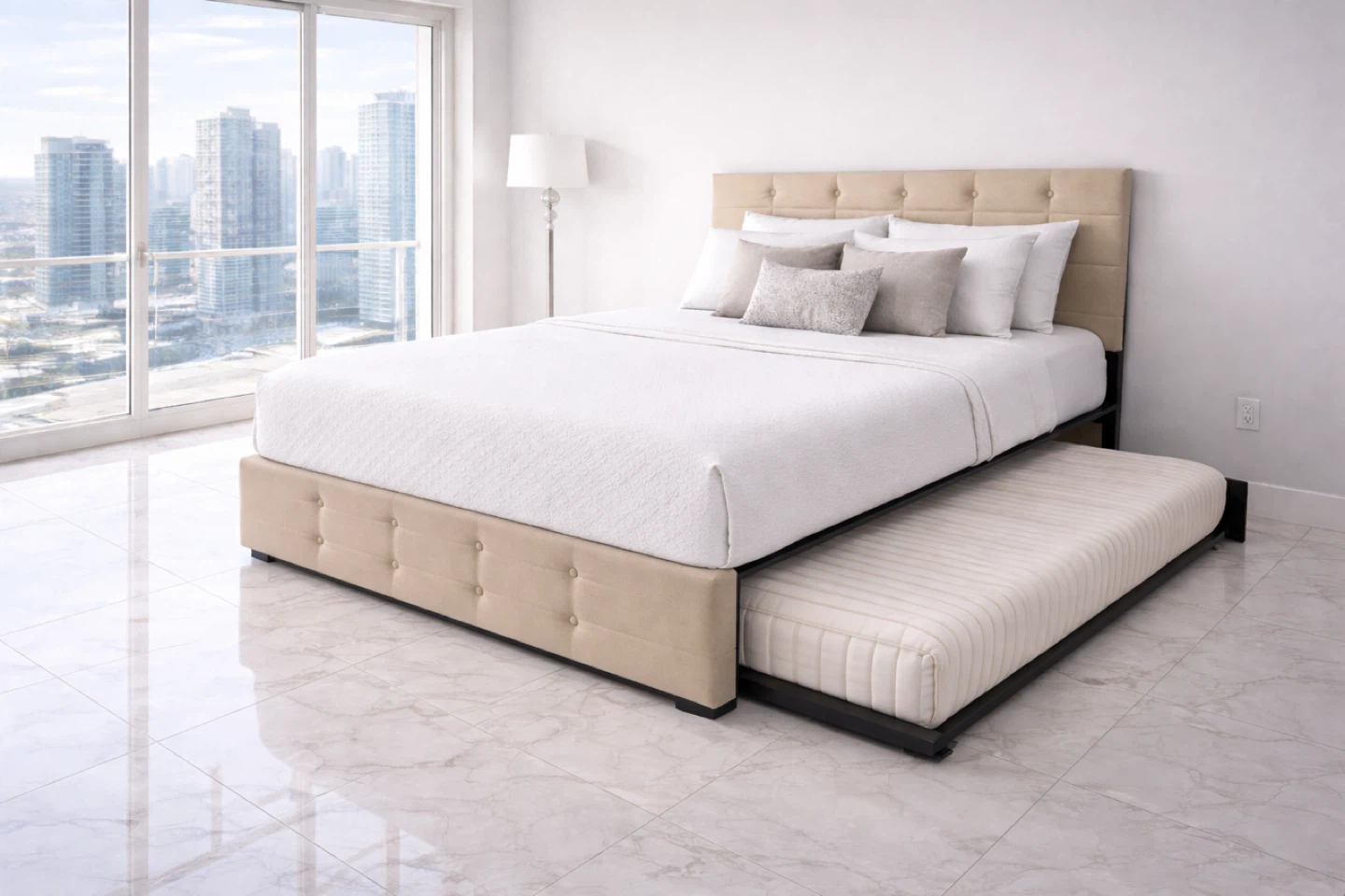 Tufted Upholstered Bed Frame with Trundle and Storage