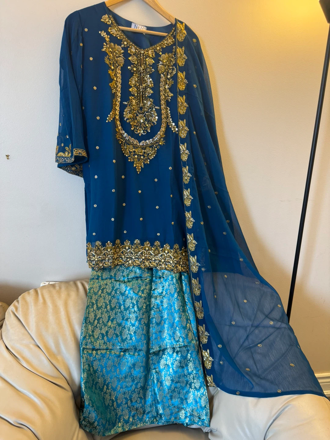 Blue & Gold Embroidered 3 piece formal suit - photo 3