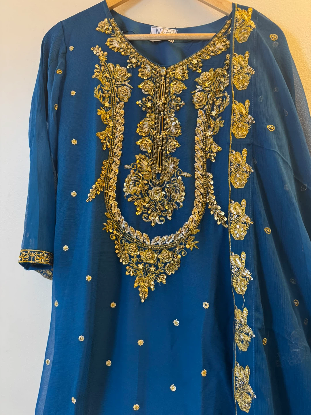 Blue & Gold Embroidered 3 piece formal suit - photo 4