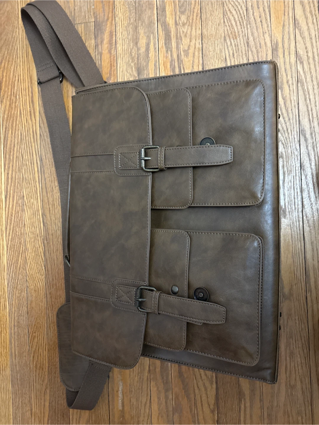 Brown Faux Leather Messenger Bag with Buckle Closures