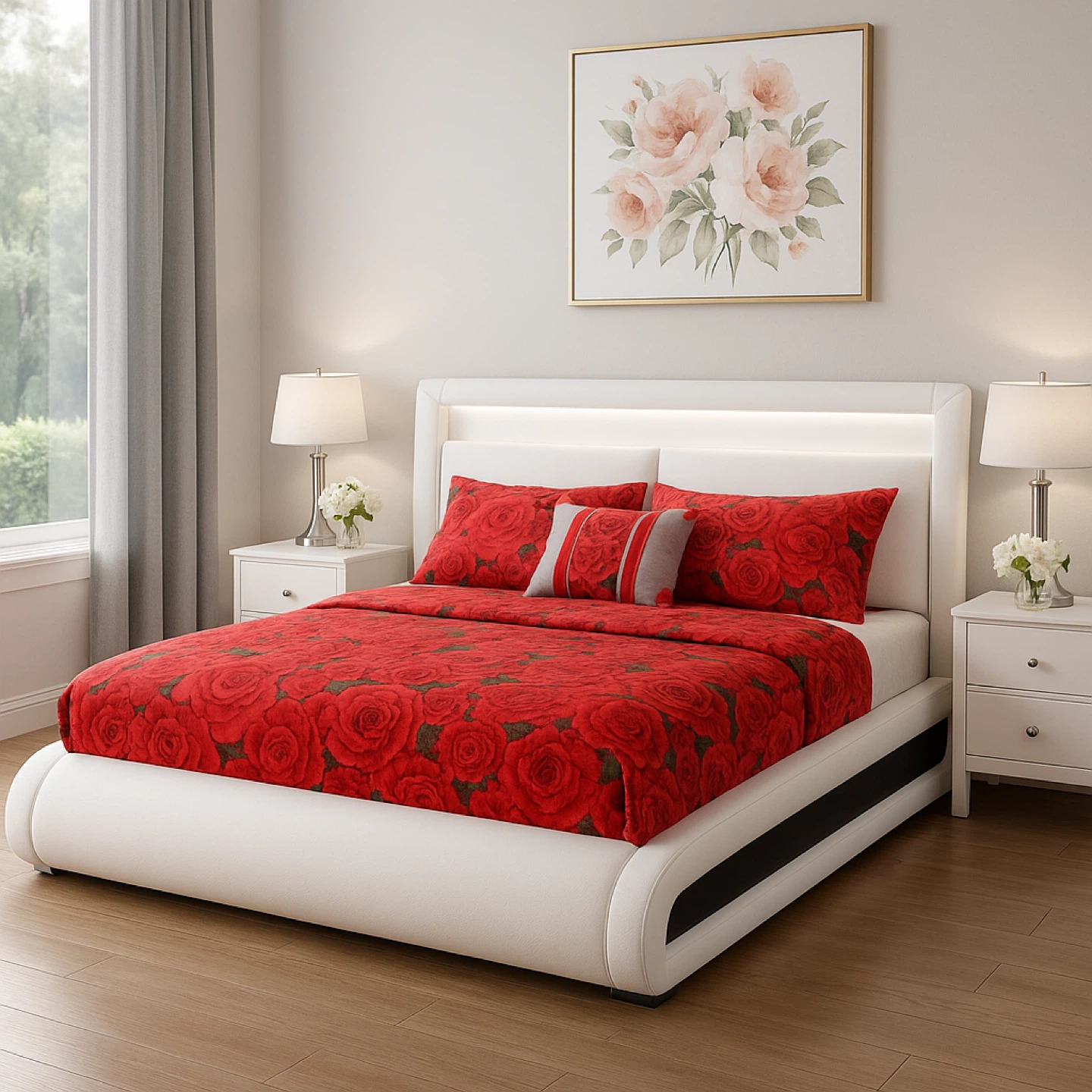 White Platform Bed Frame with LED Headboard