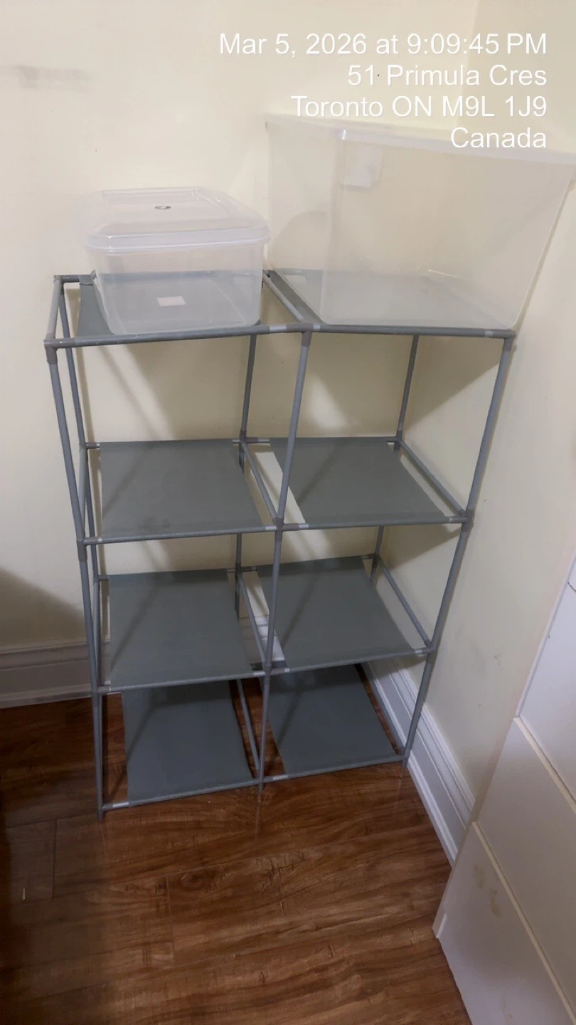 Grey Fabric Shelf Unit with Clear Storage Bins - photo 3