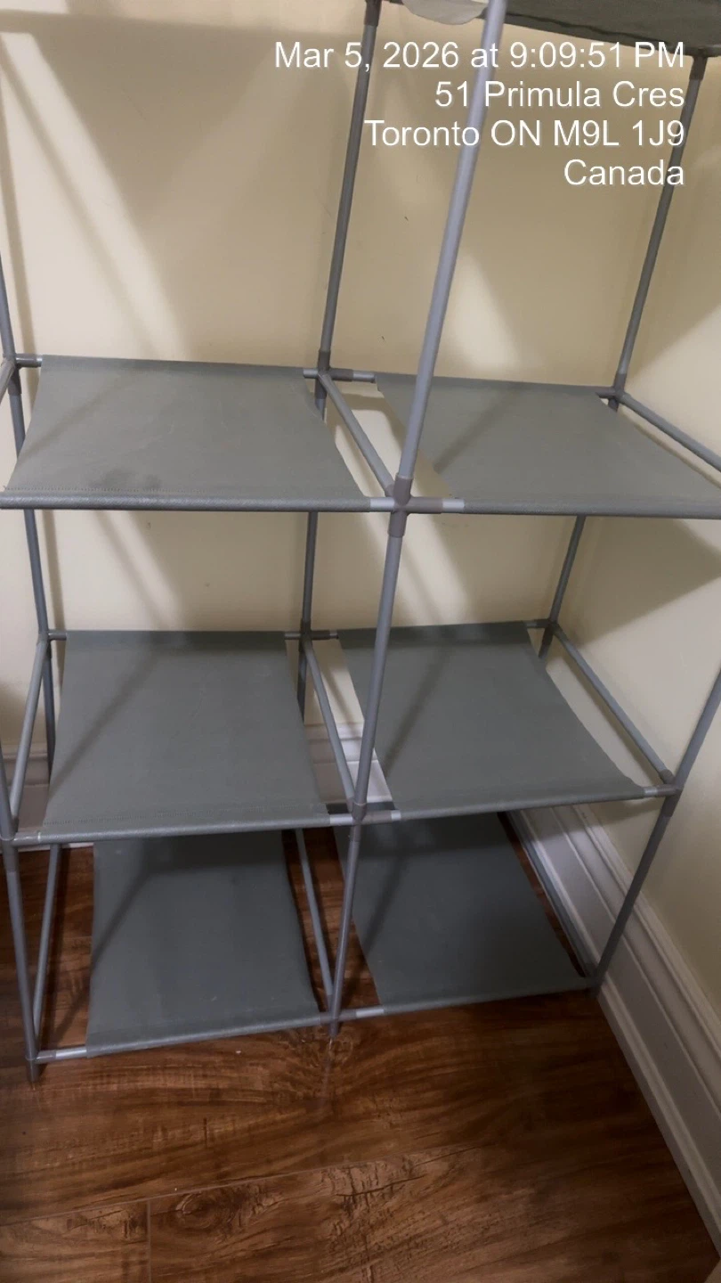 Grey Fabric Shelf Unit with Clear Storage Bins