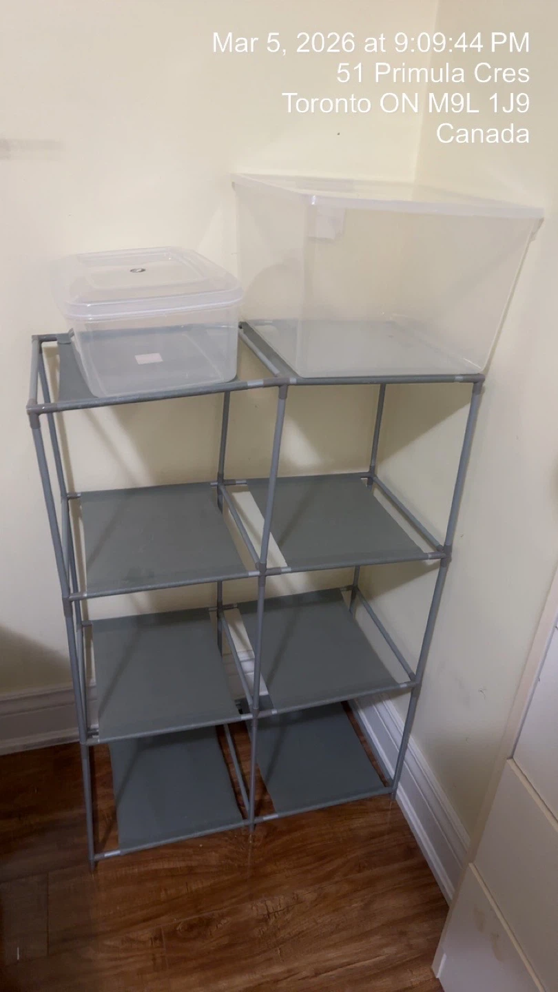 Grey Fabric Shelf Unit with Clear Storage Bins - photo 4