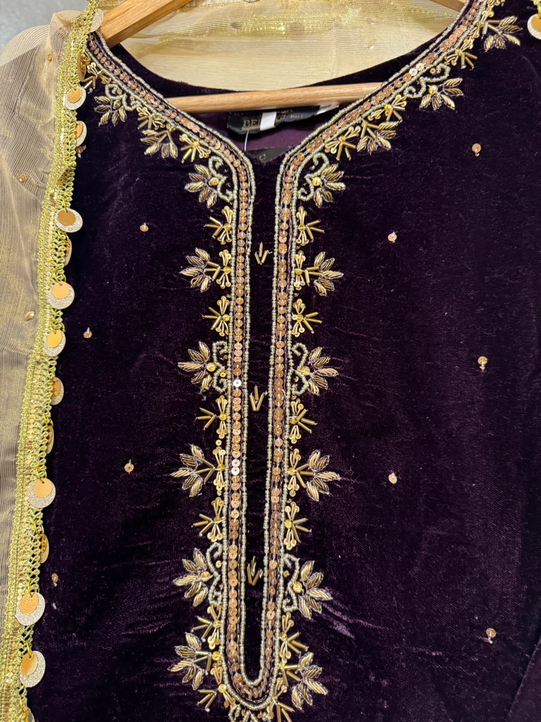 Purple Velvet Embroidered Kurta with Dupatta and Pants