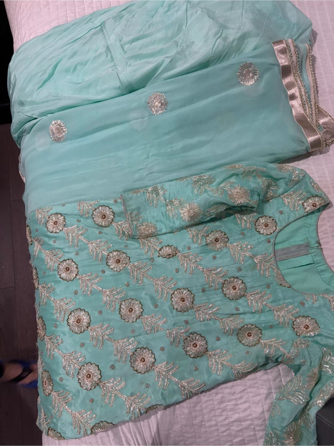 Teal and Gold Embroidered Kurti with Dupatta