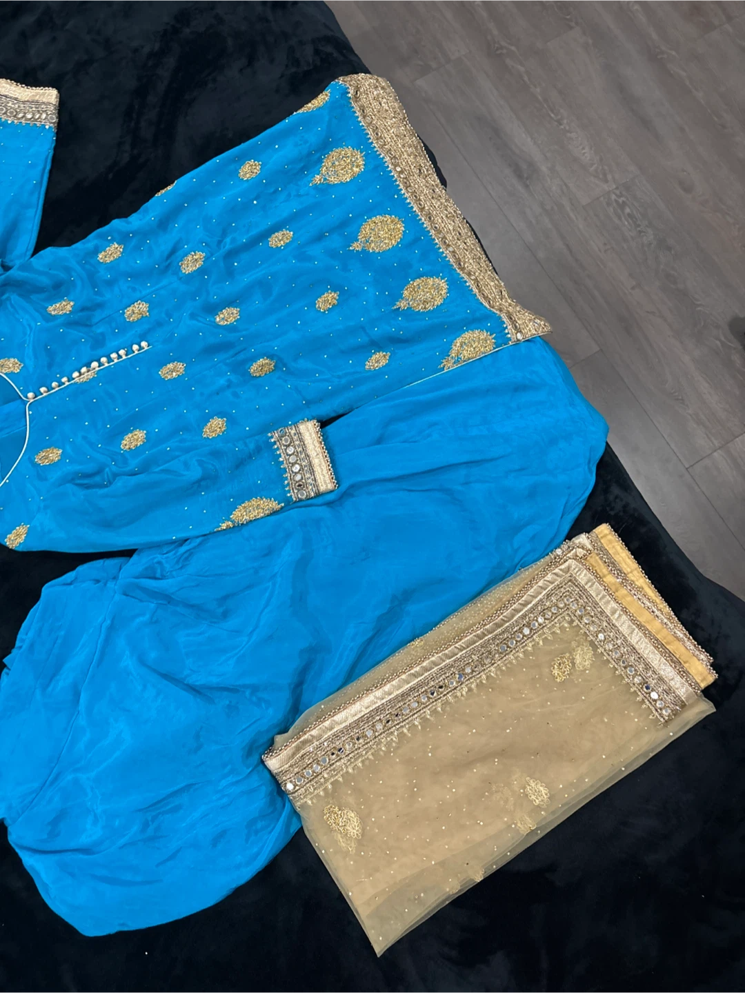 Blue and gold embroidered salwar kameez with dupatta
