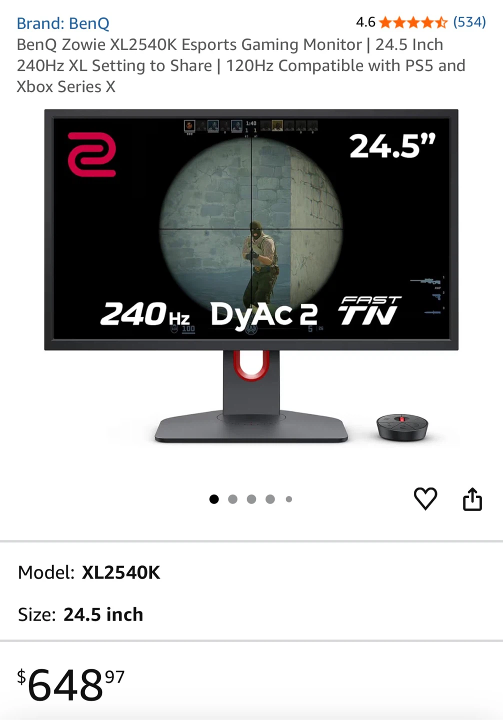 BenQ Zowie XL2540K 24.5 Inch 240Hz Gaming Monitor