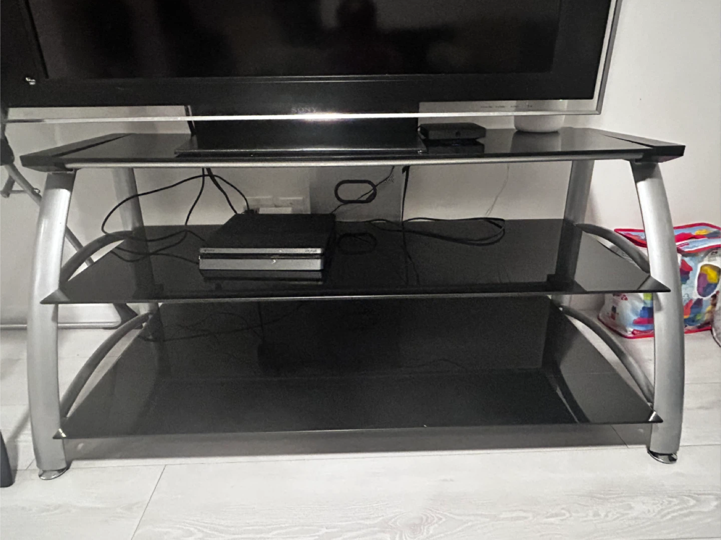 Black Glass TV Stand with Silver Frame - photo 2