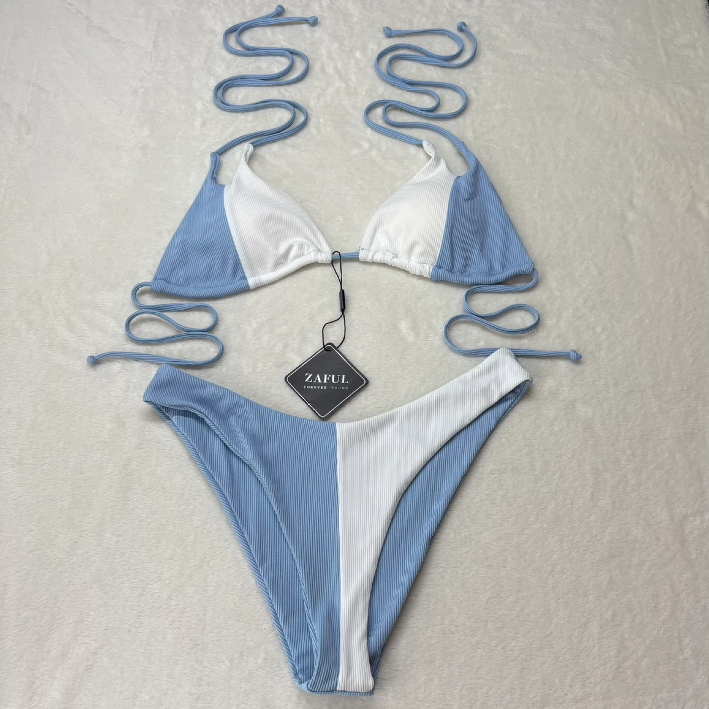 Zaful Blue White Colorblock Ribbed Triangle Bikini Swim Set Sz M - photo 2