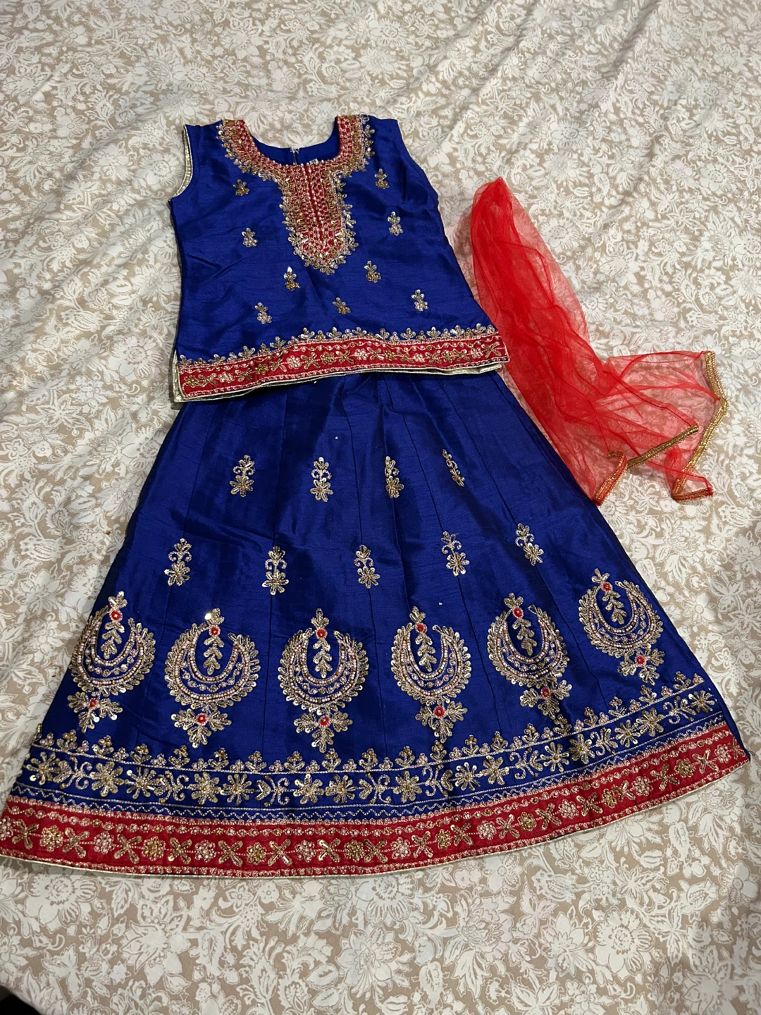 Blue Embroidered Girls' Lehenga Choli with Red Dupatta