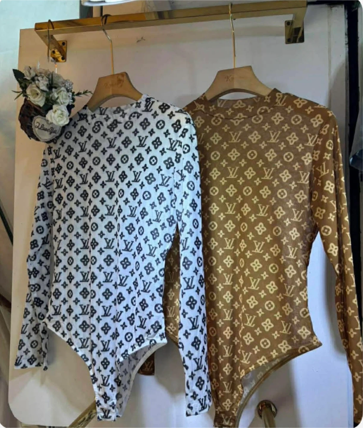 Designer Print Bodysuit (White/Brown)
