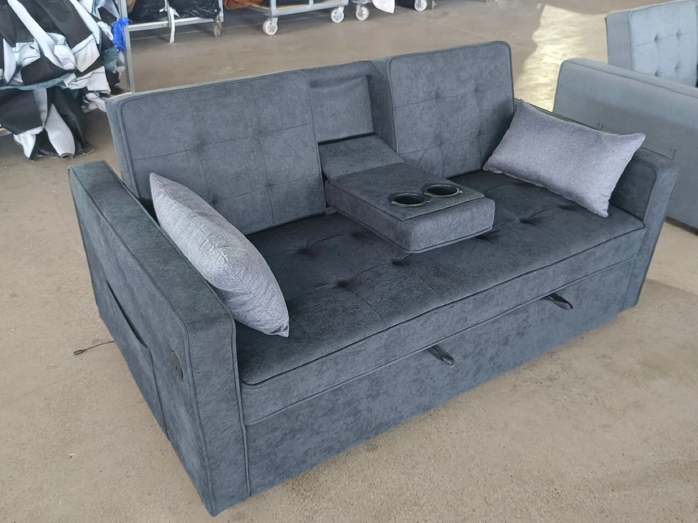 Grey Sofa Bed with Cup Holders