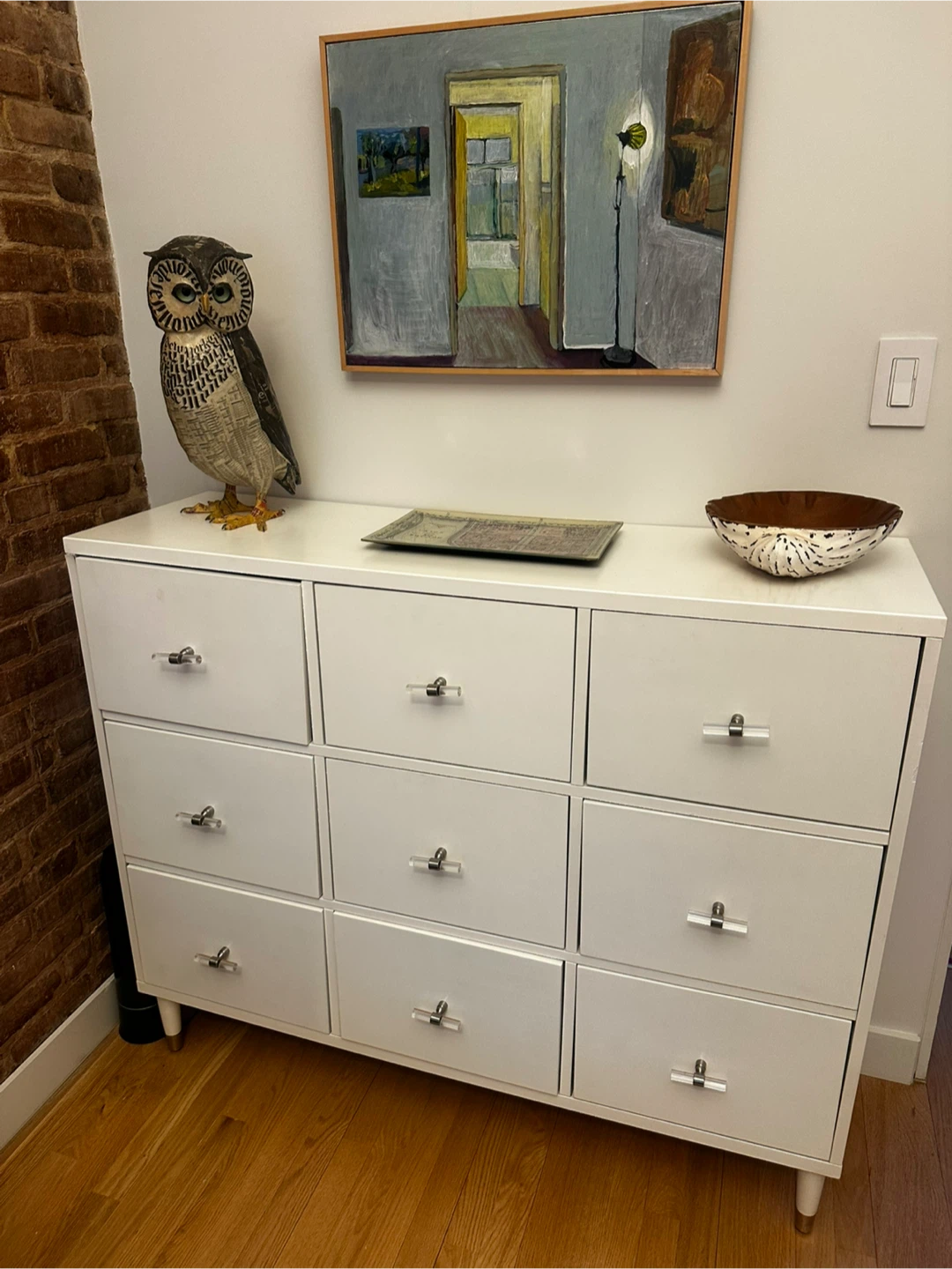 White Nine-Drawer Dresser with Clear Handles