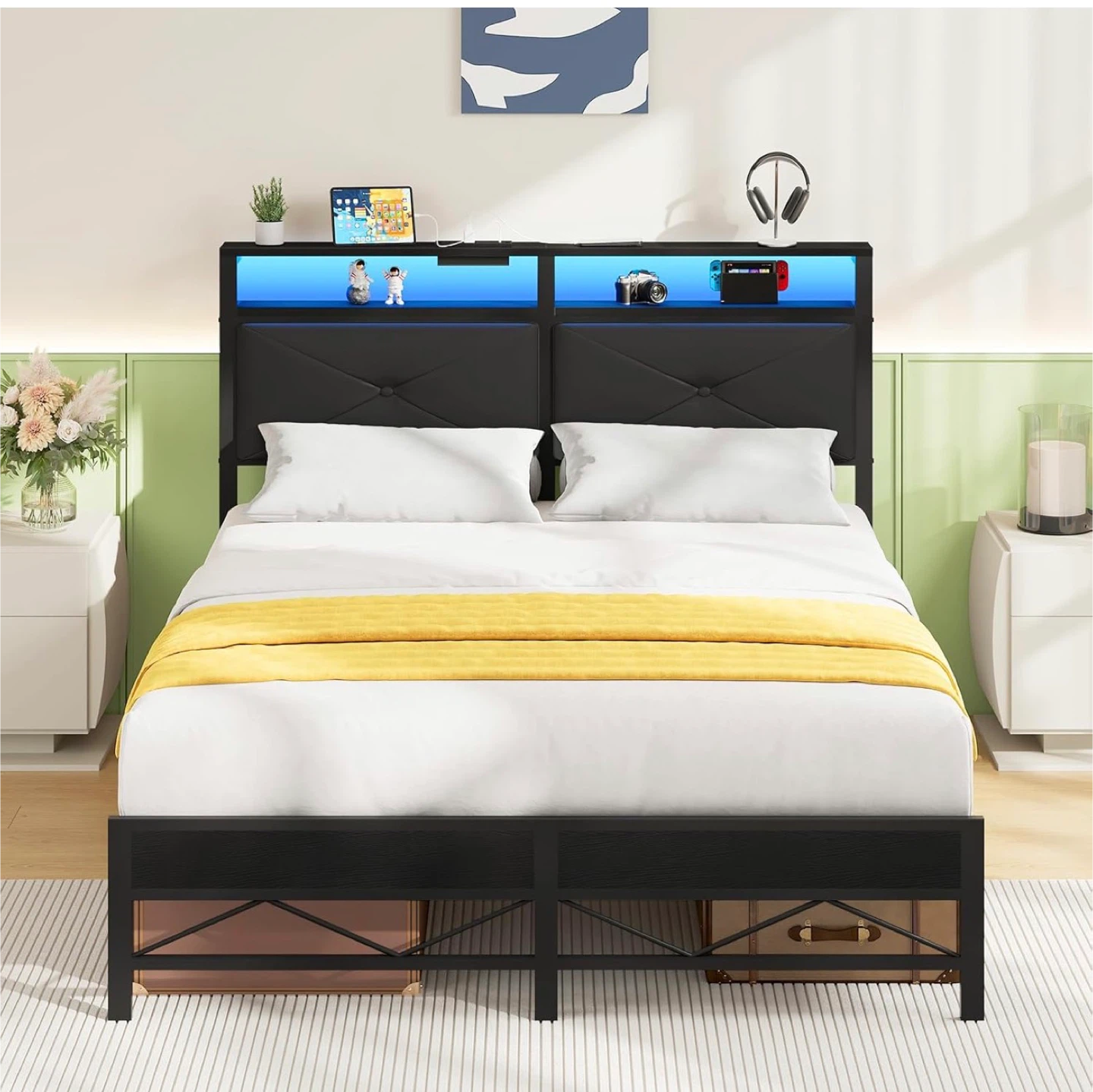 Black Queen Bed Frame with LED Headboard