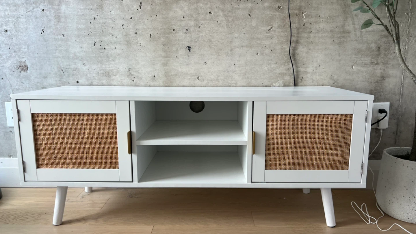 White TV Stand with Cane Doors