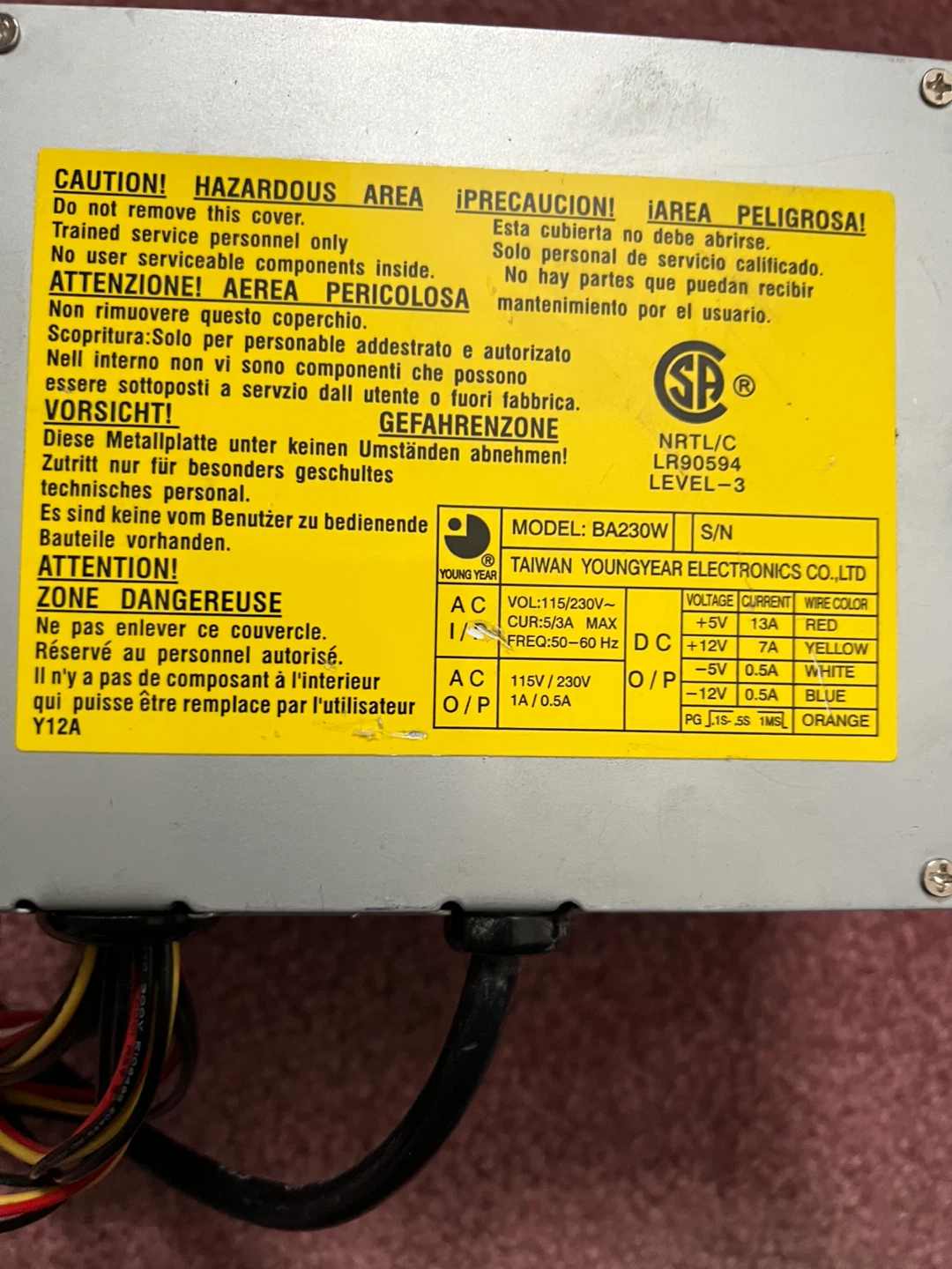 Compaq desktop computer Youngyear BA230W Power Supply