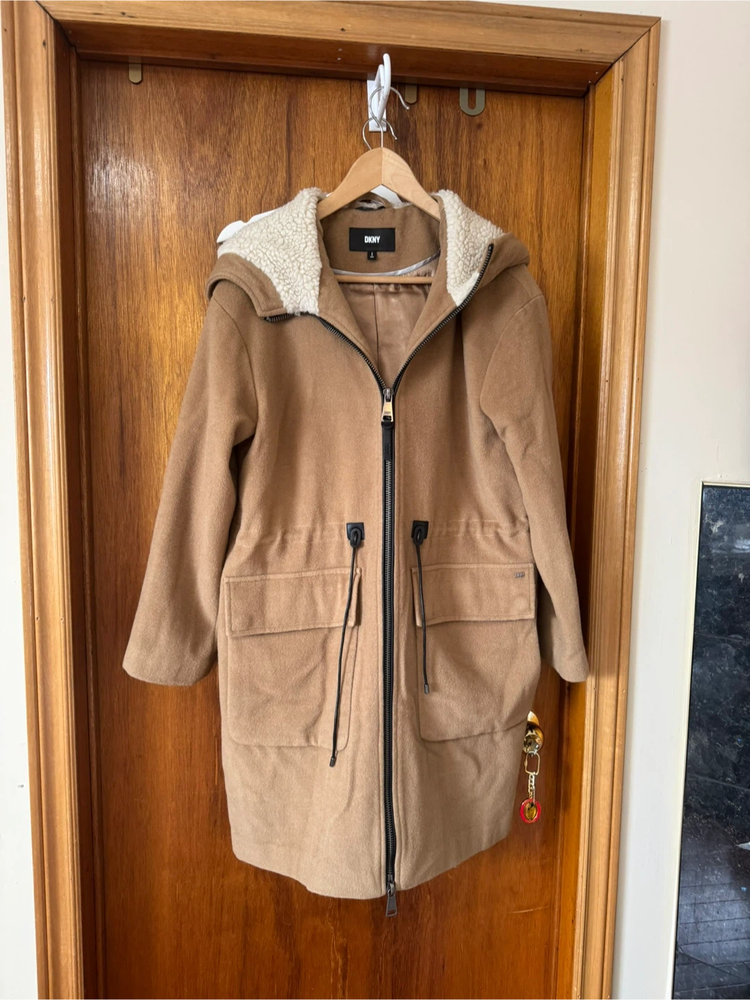 DKNY Women's Camel Wool Blend Hooded Parka Coat