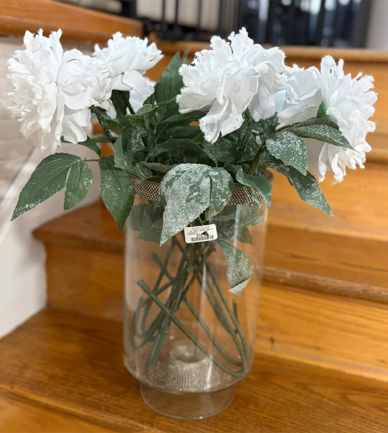 White Faux Flower Arrangement in Clear Vase