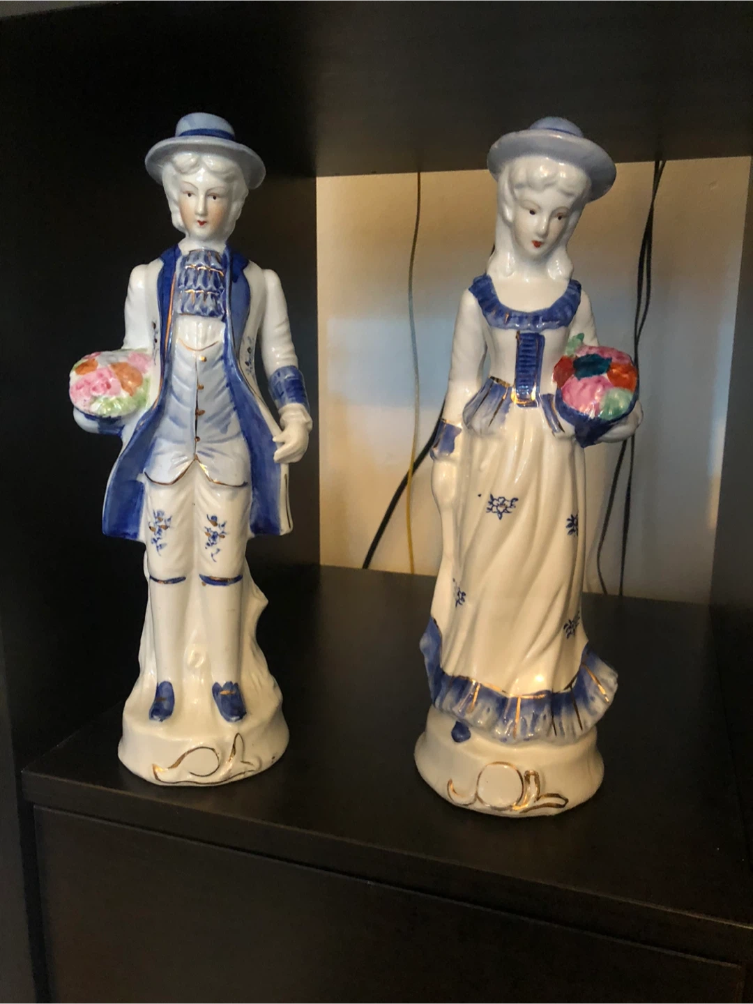 Pair of Ceramic Figurines - Blue and White Floral