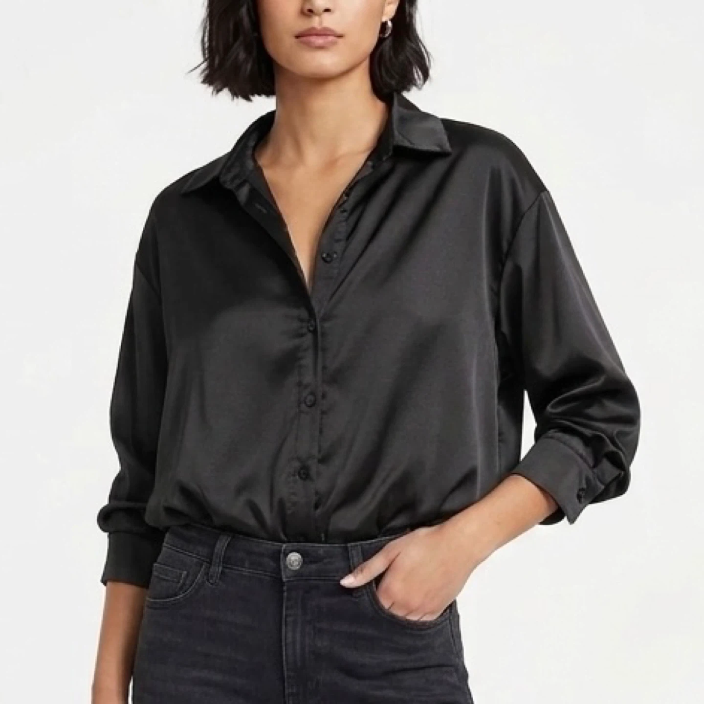 Emery Rose Black Satin Oversized Button Down Long Sleeve Shirt