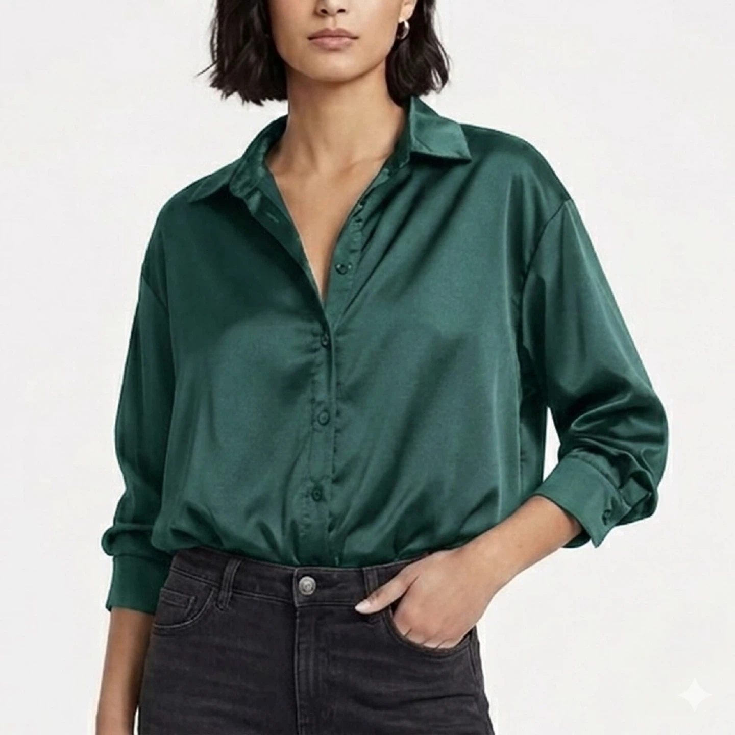 Emery Rose Green Satin Oversized Button Down Long Sleeve Shirt L