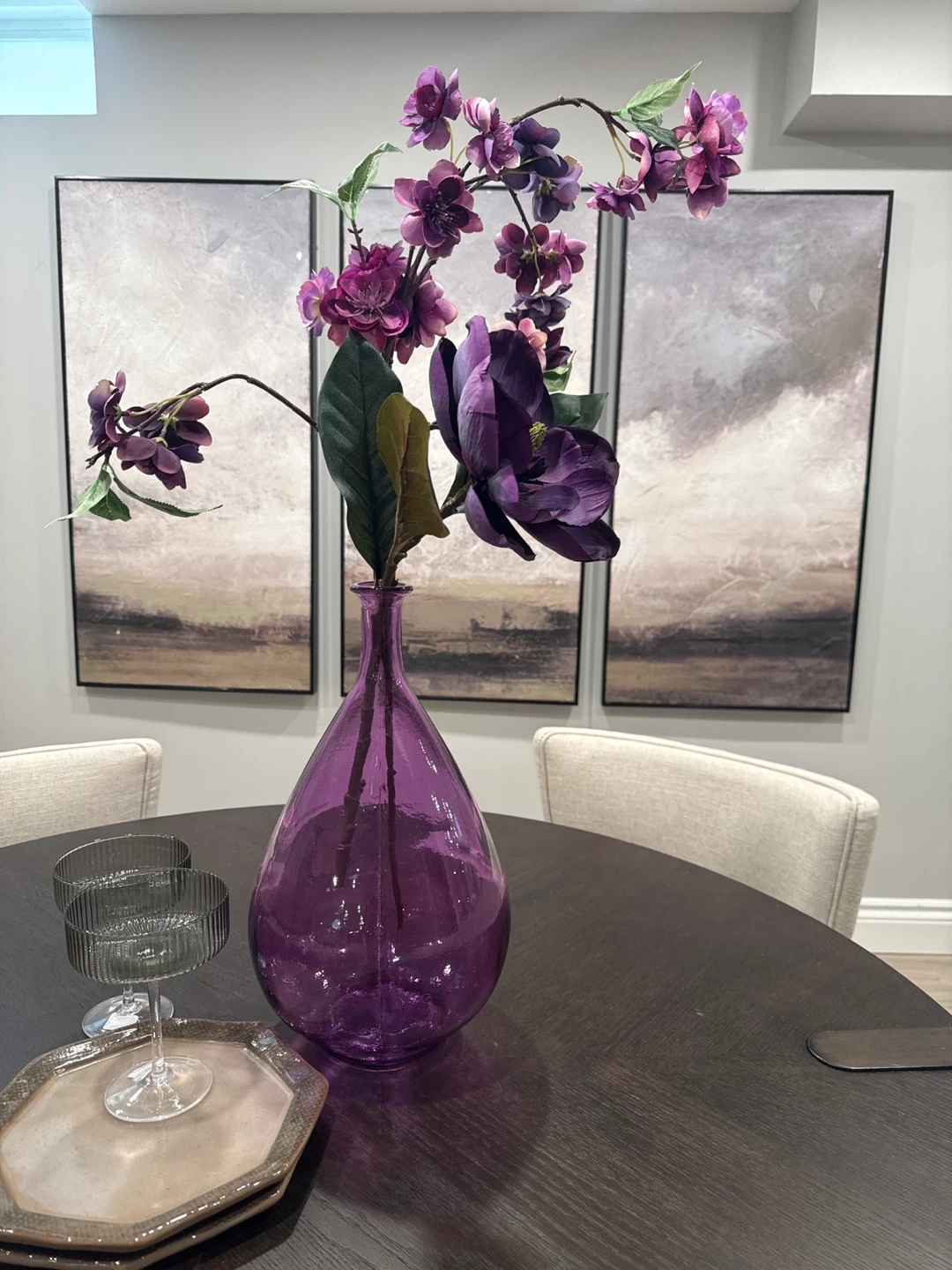 Purple Glass Vase with Faux Flowers