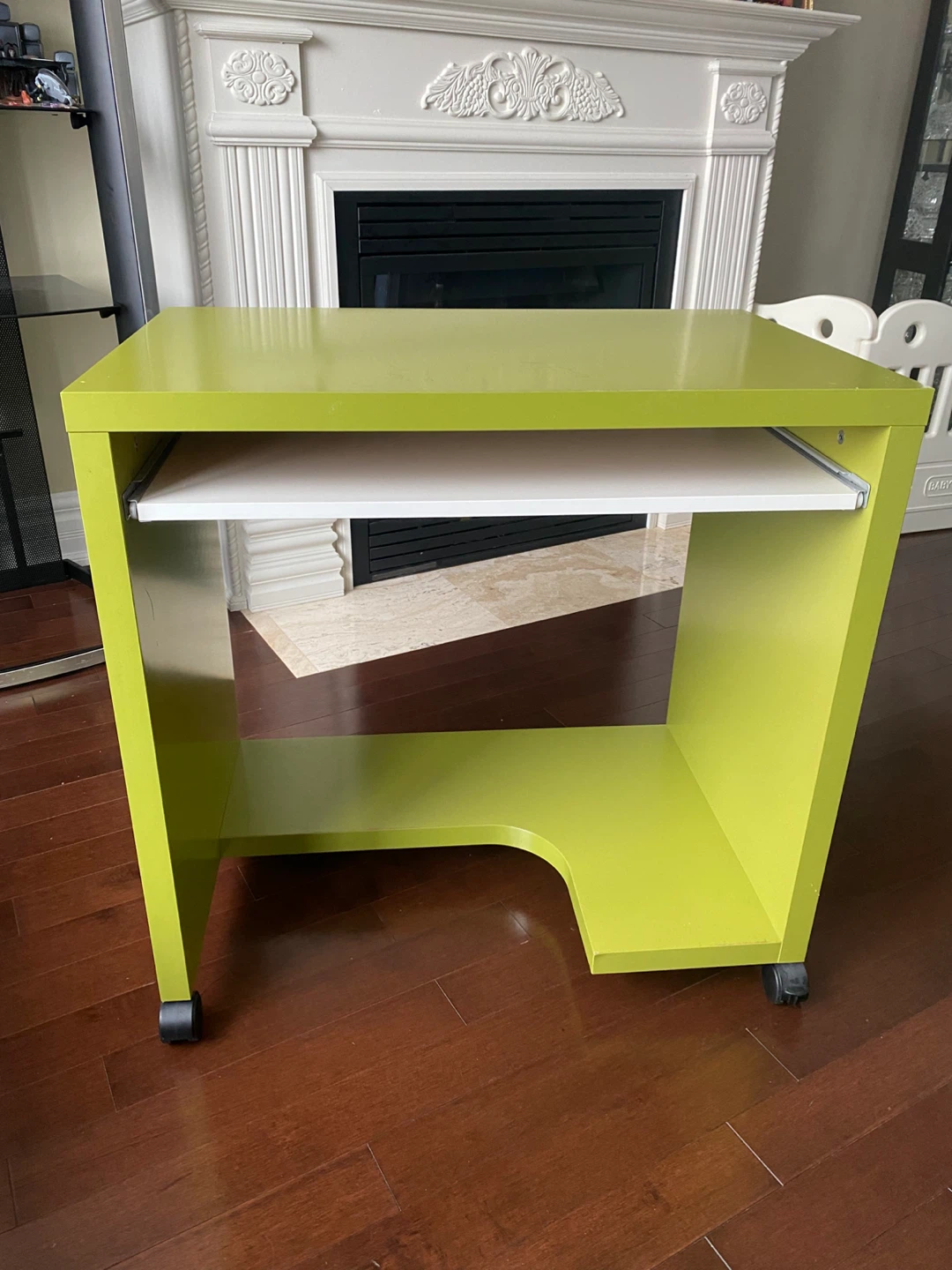 Lime green rolling desk with pull-out keyboard tray