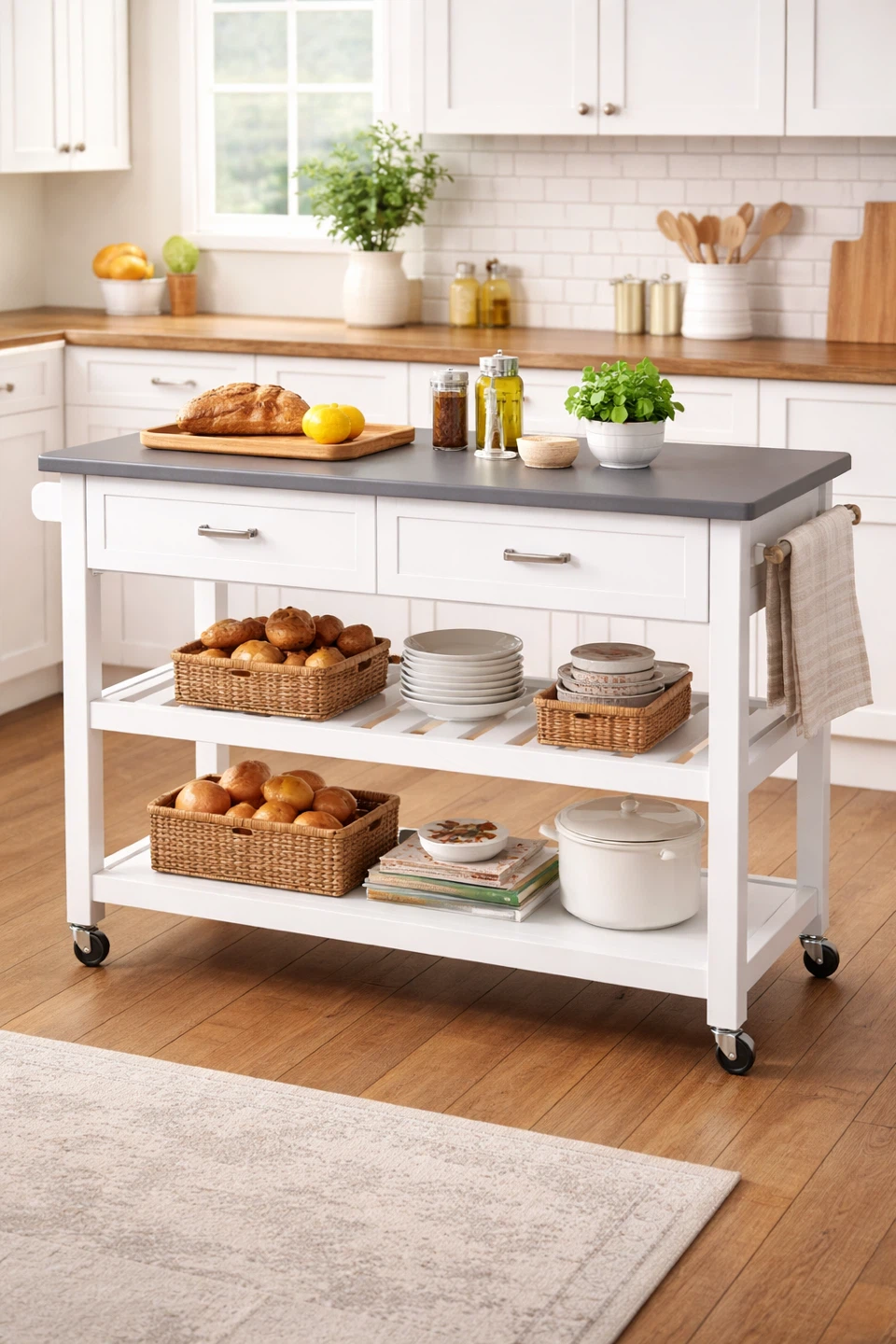 White Kitchen Island Cart with Drawers and Shelves - photo 3
