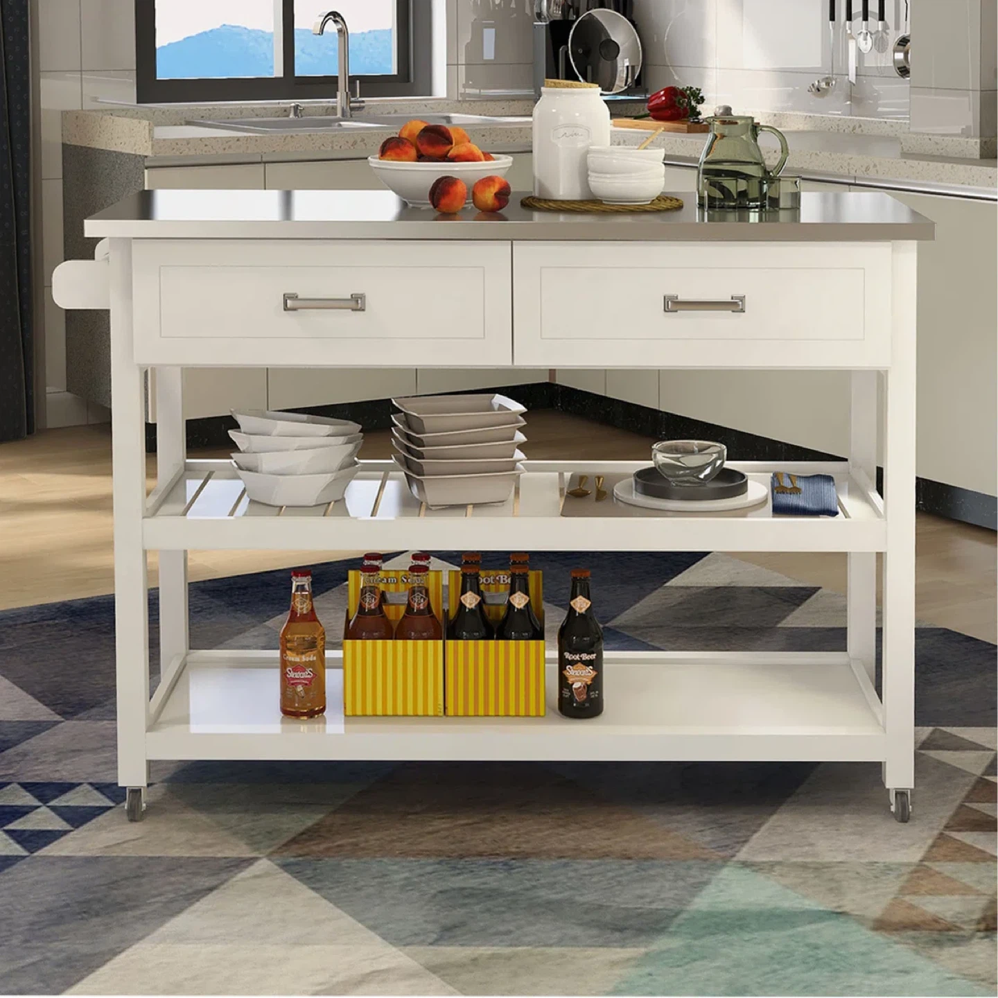 White Kitchen Island Cart with Drawers and Shelves