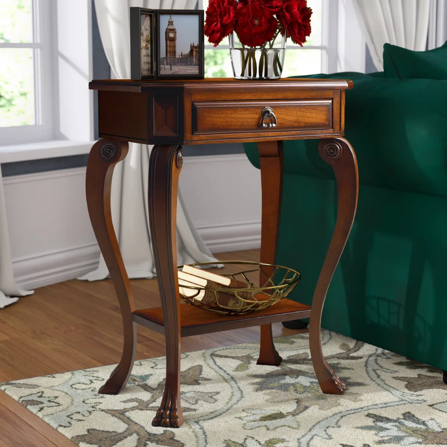 Octagonal Wood Accent Table with Drawer and Shelf - photo 2