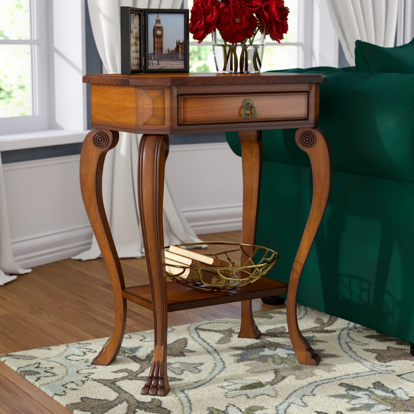 Octagonal Wood Accent Table with Drawer and Shelf
