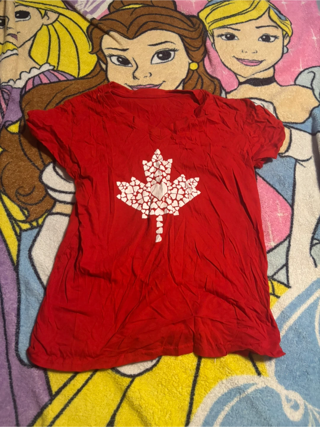 Red T-Shirt with White Heart Maple Leaf Design