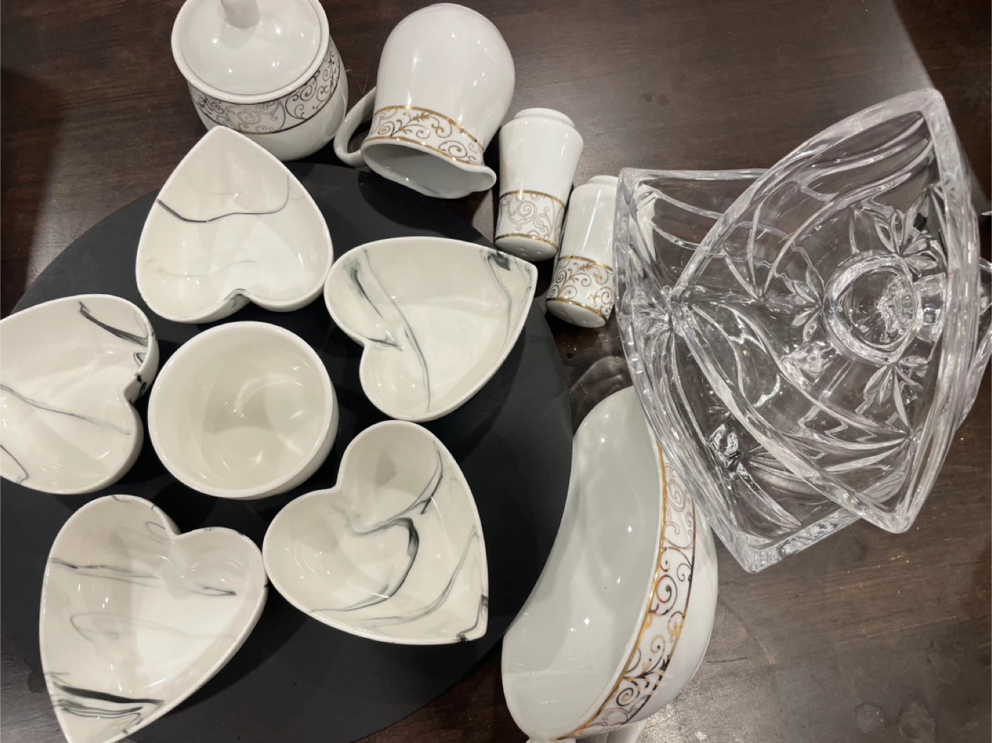 Heart Shaped Serving Bowls and Crystal Candy Dish Set