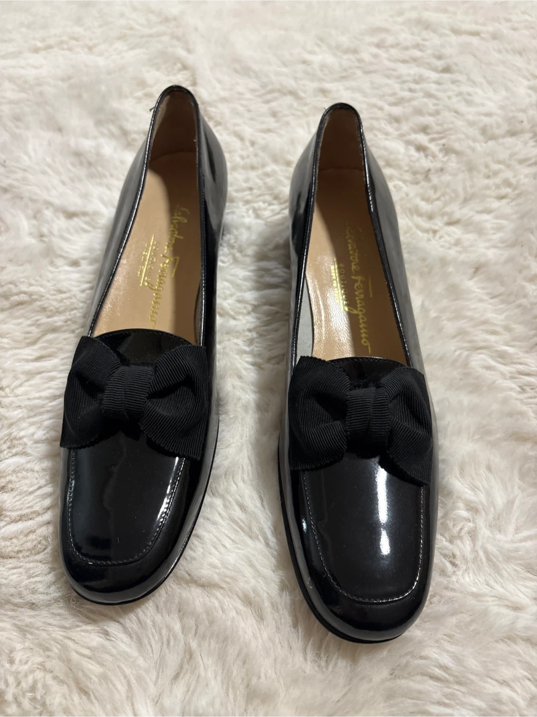 Salvatore Ferragamo Black Patent Leather Bow Loafers