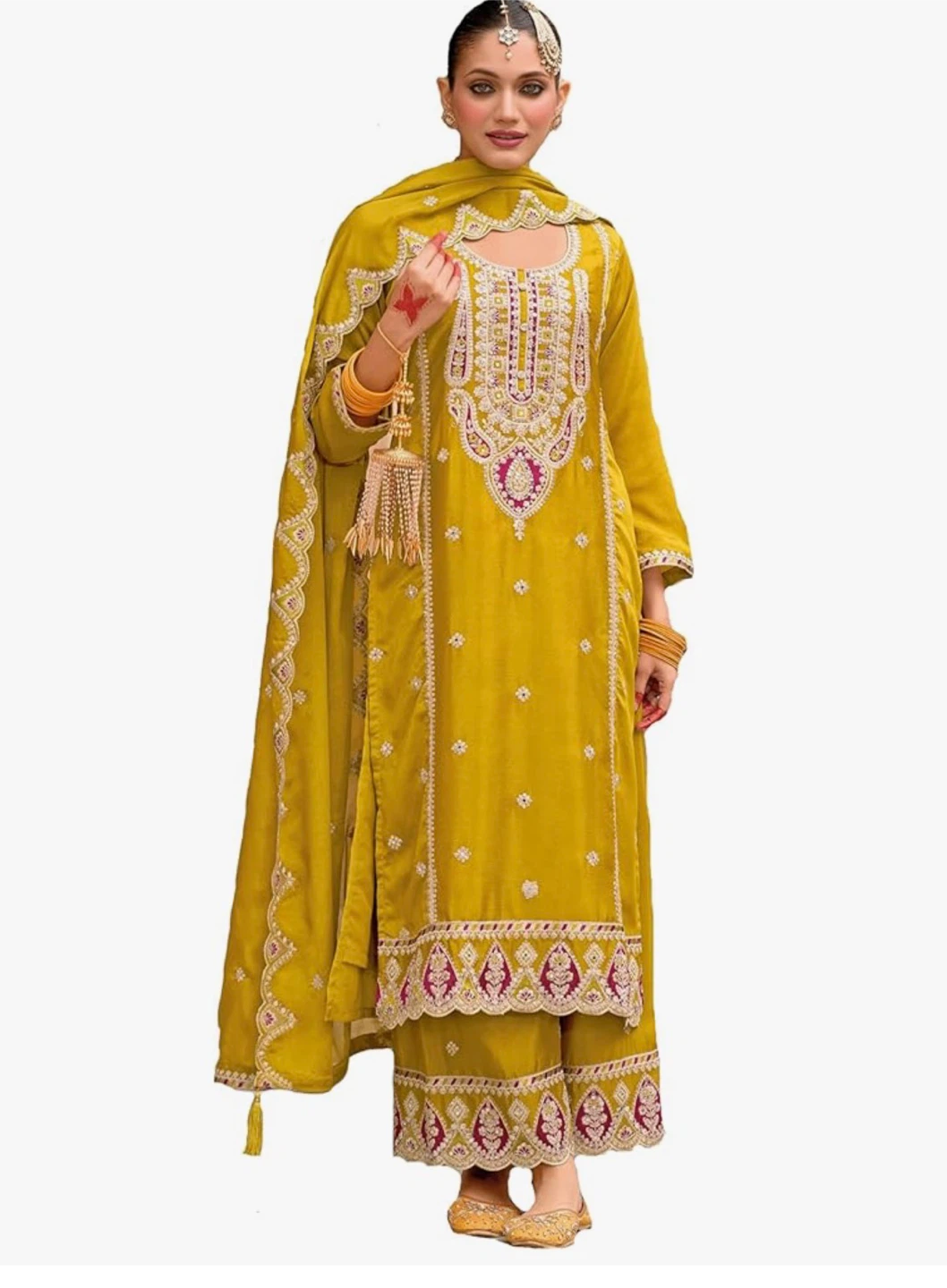 Women's Yellow Embroidered Kurti with Palazzo and Dupatta
