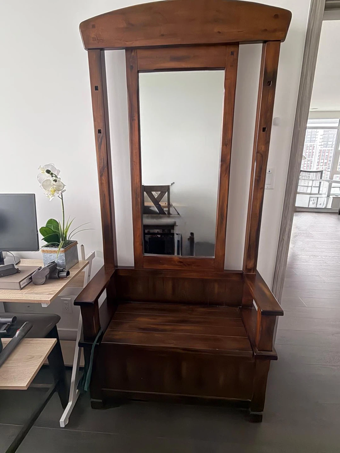 Wooden Hall Tree Bench with Mirror and Storage