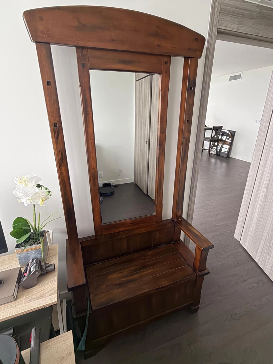 Wooden Hall Tree Bench with Mirror and Storage - photo 2