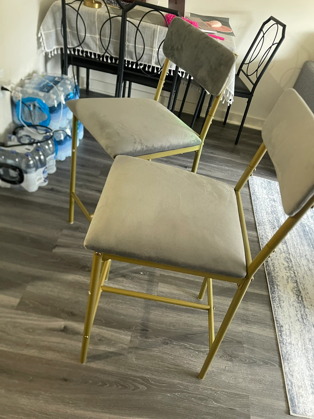 Set of 2 Gray Velvet Bar Stools with Gold Legs