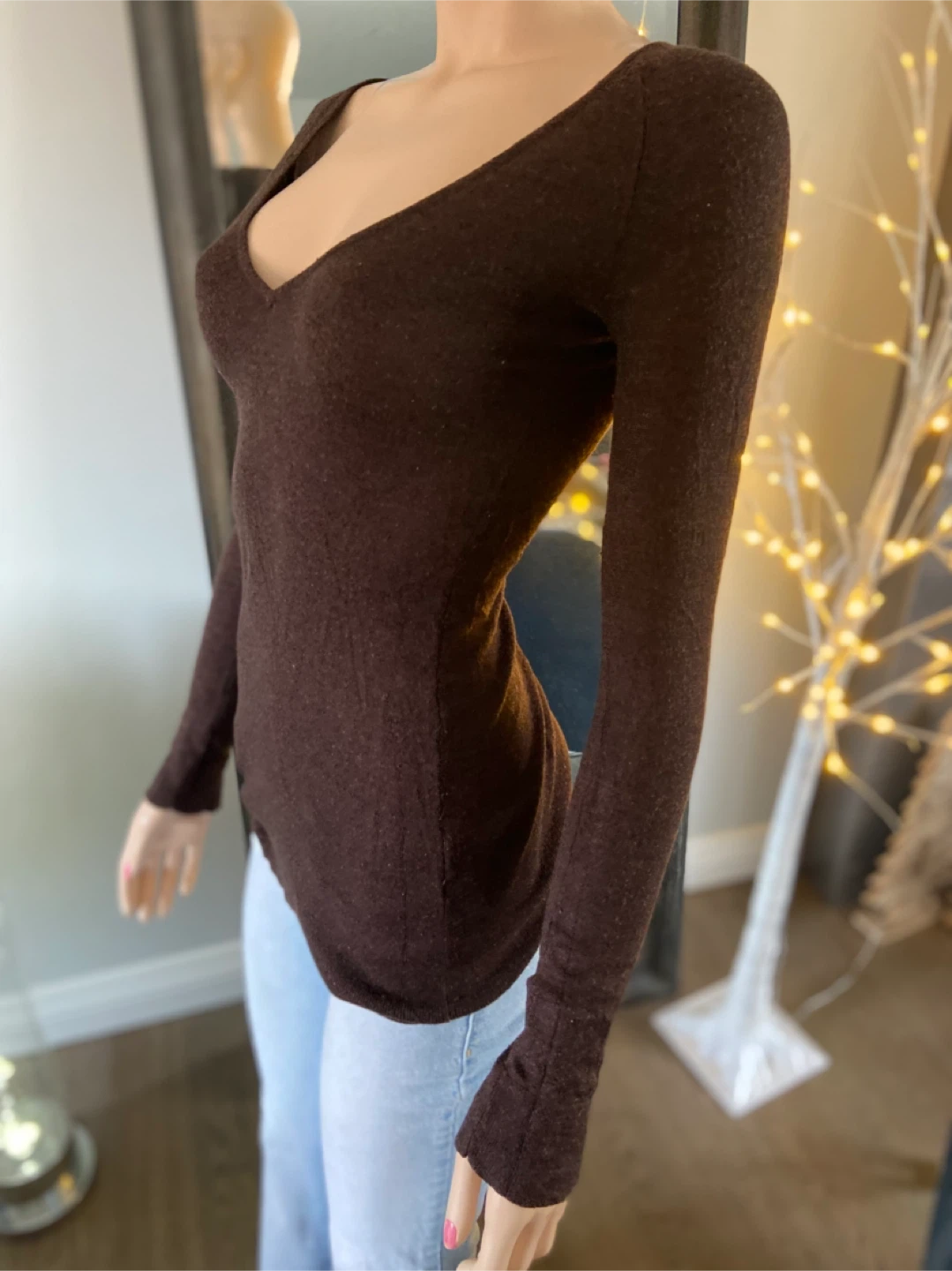 Ladies Brown Long Sleeve Deep V-Neck Sweater Size S - photo 5