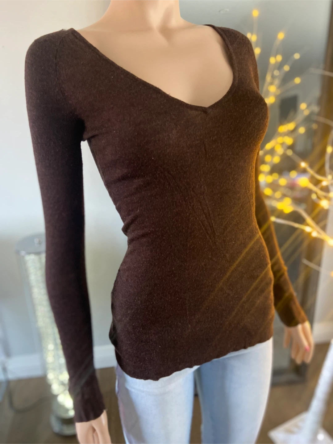 Ladies Brown Long Sleeve Deep V-Neck Sweater Size S - photo 2