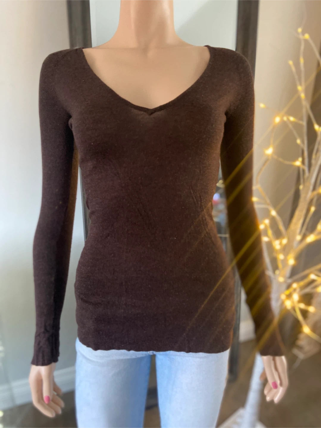 Ladies Brown Long Sleeve Deep V-Neck Sweater Size S - photo 3