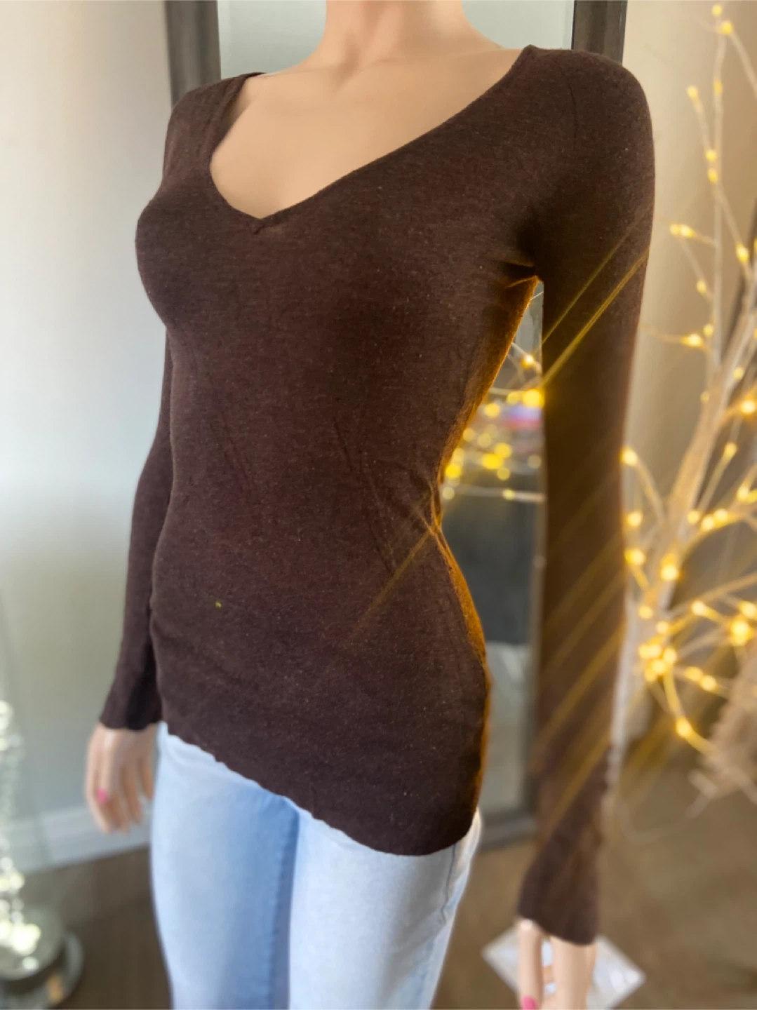 Ladies Brown Long Sleeve Deep V-Neck Sweater Size S