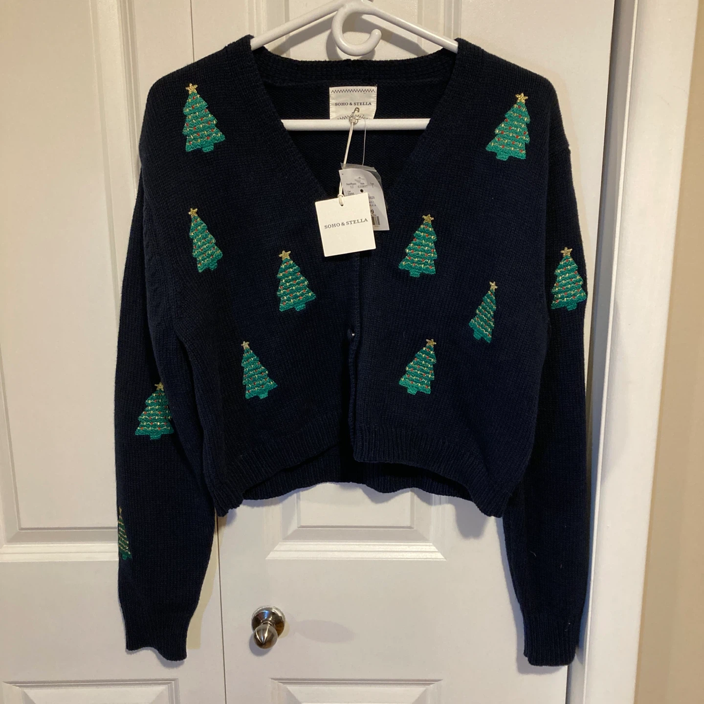 NWT SOHO & STELLA Navy Christmas Tree Cardigan - Size L