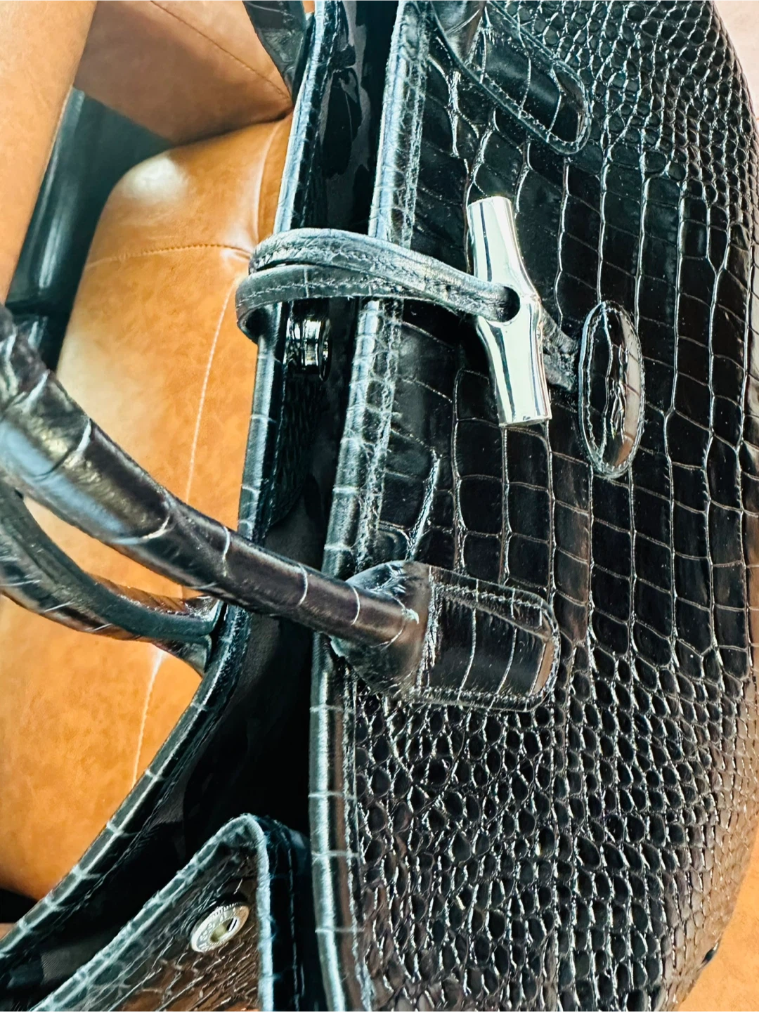 Longchamp Black Crocodile Embossed Leather Roseau Tote $200 - photo 4