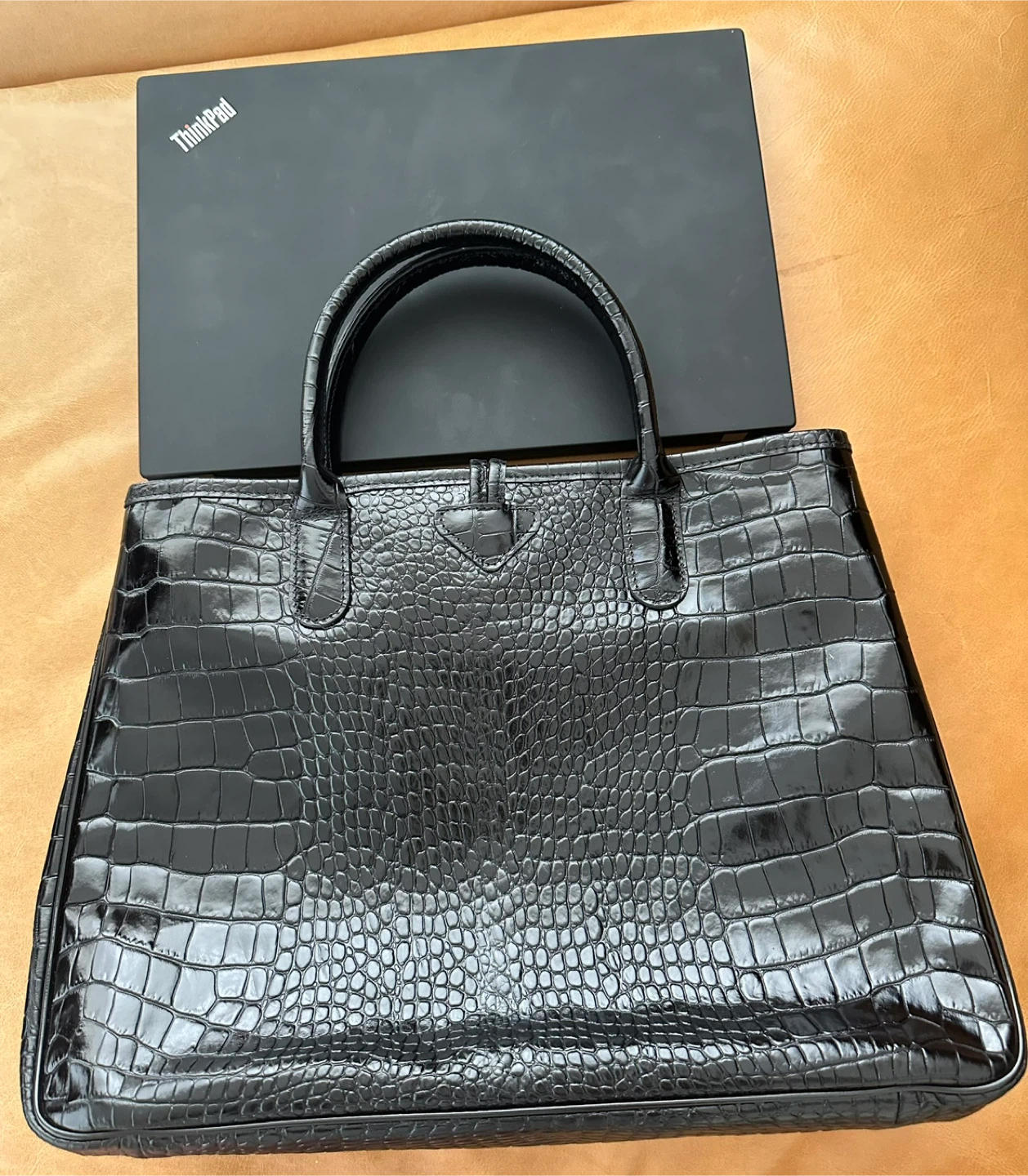 Longchamp Black Crocodile Embossed Leather Roseau Tote $200
