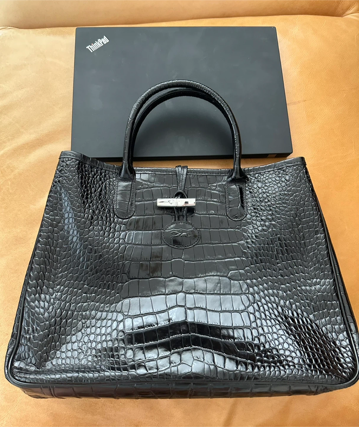 Longchamp Black Crocodile Embossed Leather Roseau Tote $200 - photo 3