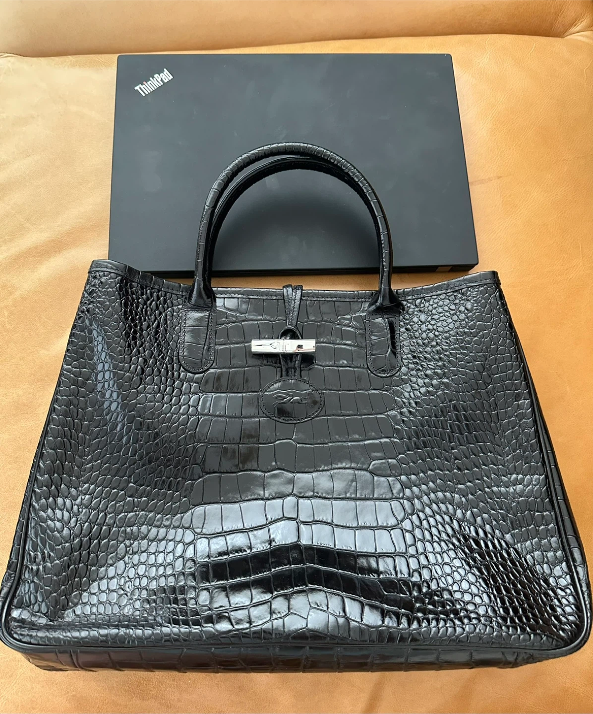 Longchamp Black Crocodile Embossed Leather Roseau Tote $200 - photo 2