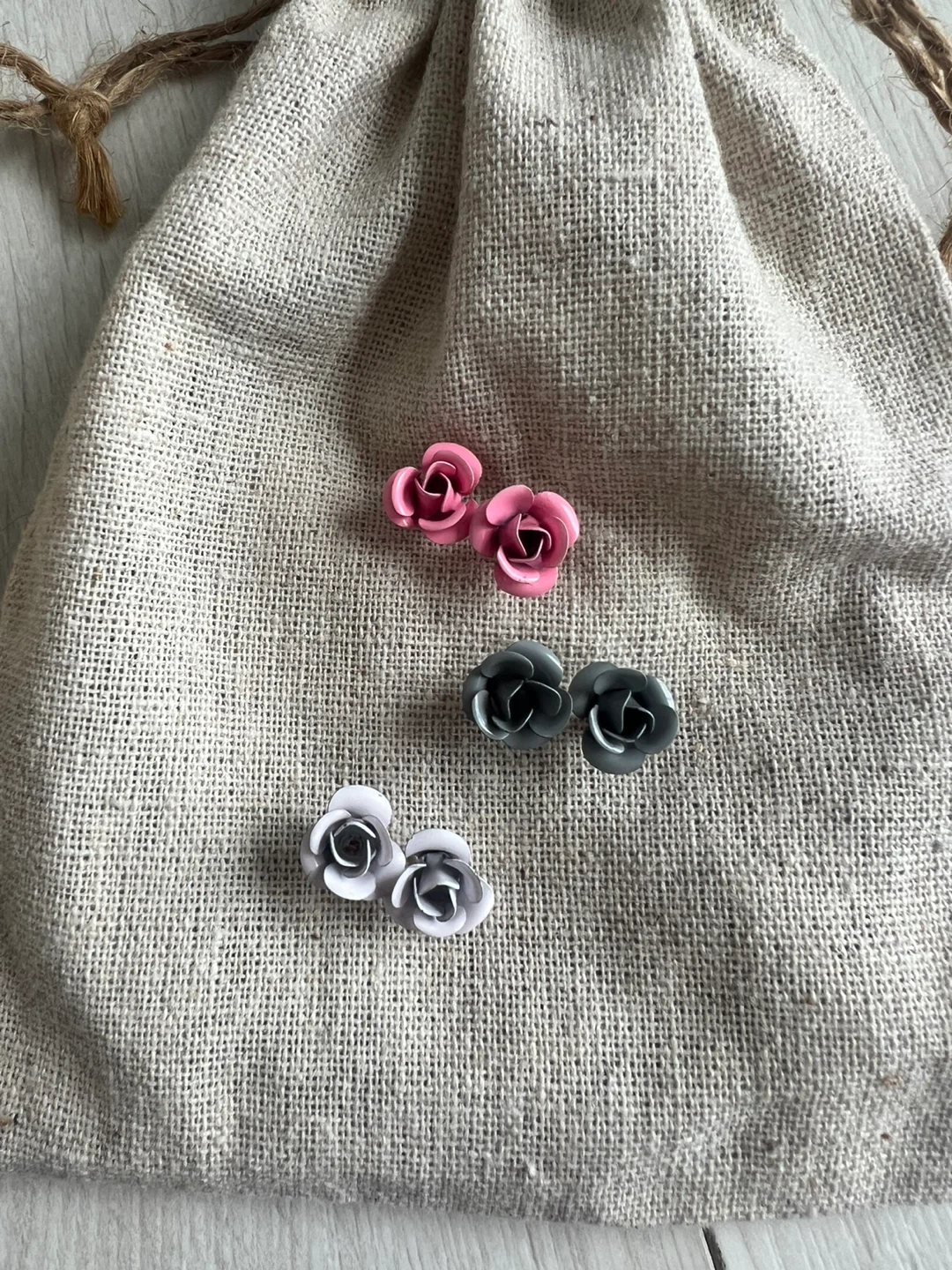 Rose Stud Earrings - Pink, Gray, Light Gray